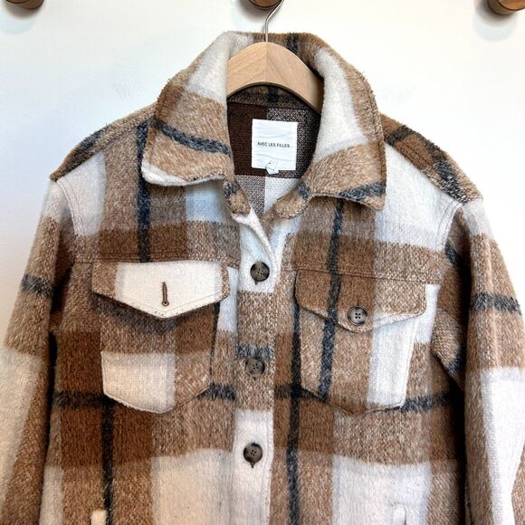 Avec Les Filles Womens Plaid Shacket Cognac Brown Jacket Size Medium Long Sleeve - Picture 3 of 15